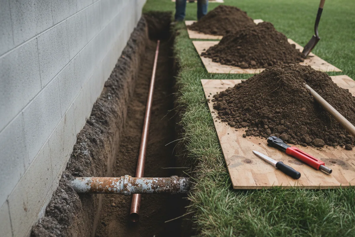 Excavated water line trench during Water Heater Repair in Providence